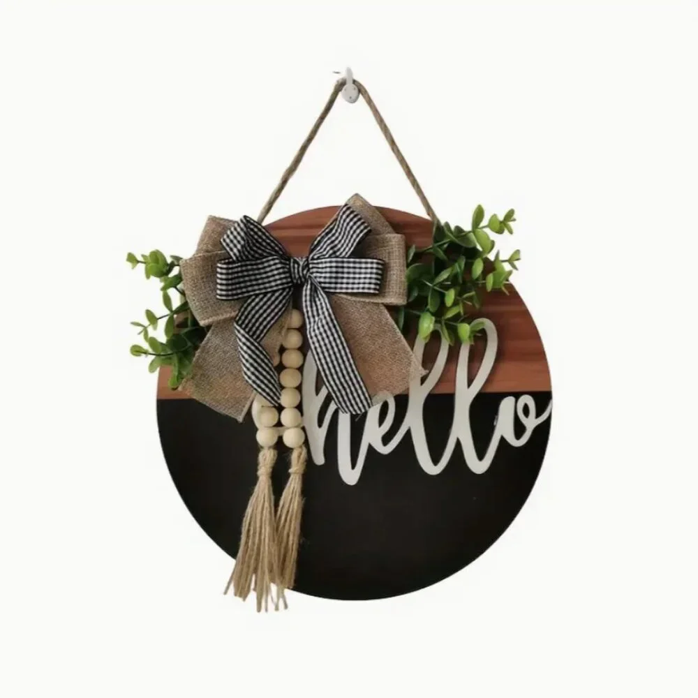 Hello Rustic Farmhouse Welcome Sign Buffalo Check Bow Wood Tassel Beads 11.8